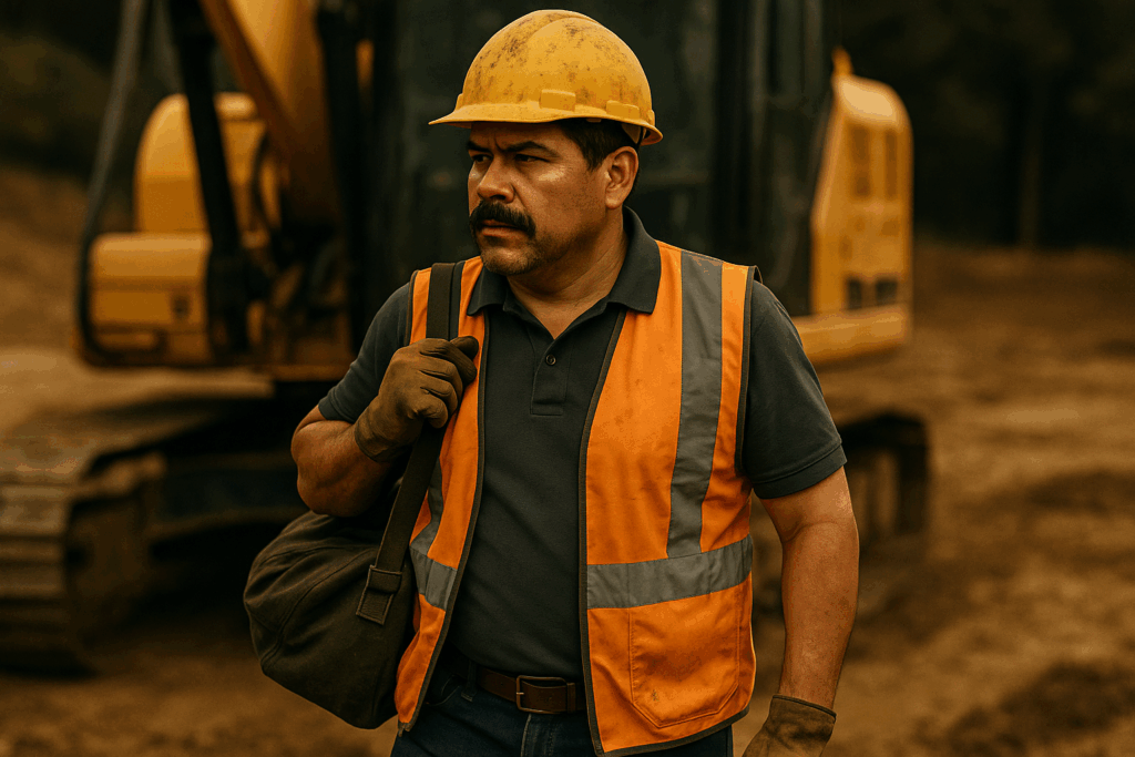 A construction worker wears construction workwear that includes a yellow hard hat and orange hi-vis safety vest.