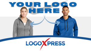 Two people wear custom, name-brand hoodies, with the words Your Logo Here hovering above them.