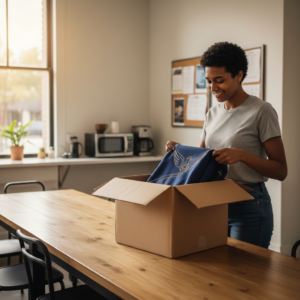 A woman with short curly hair smiles while unboxing employee apparel in a modern breakroom. She holds a blue uniform with a gold eagle-like logo. The background features a wooden table and a bright window.