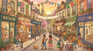 An illustration of a small business street event with storefront signage, shoppers, and branded merchandise promoting local services.