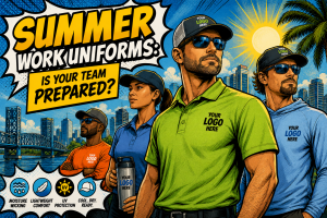 Outdoor workers wearing lightweight, branded summer work uniforms in a comic-book style illustration, featuring moisture-wicking and UV-protective polos, hats, and cooling accessories against a sunny Florida-inspired city skyline.