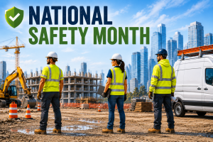 Construction workers wearing branded hi-vis safety apparel on an active job site during National Safety Month.