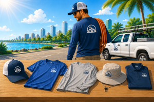Illustration of branded outdoor work apparel for Florida businesses displayed on a table, including performance shirts, a polo, and hats. A service worker wearing a branded shirt stands beside a pickup truck with a ladder, with palm trees, water, and a city skyline in the background.