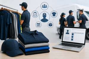 Corporate uniform program showing apparel, workers, and online ordering system.