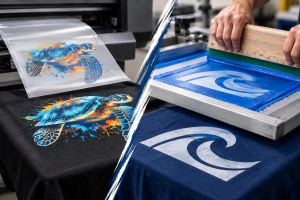 A split-screen comparison: on the left, a colorful sea turtle DTF film transfer printed on a black shirt; on the right, a squeegee pulling blue ink across a wave-logo screen frame over a navy shirt.